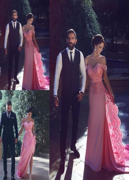 Los hermosos vestidos de fiesta de tren desmontables de encaje de encaje rosa en el hombro 2017, vestidos de noche de verano de primavera, dijeron Mhamad Elegant Formal Party DR8272516