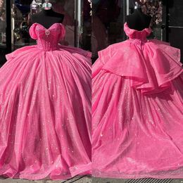 Magnífico princesa rosa Vestidos Quinceanera Vestidos de baile de graduación de la pelota de graduación de la hombro Sequínas Diamond Vestido de Quinceanera Código Sweet 15 Masquerada Vestido