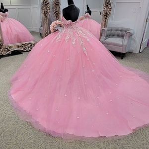 Prachtige Roze Quinceanera Jurken Voor 15 Jaar 2024 Baljurk Sexy Uit De Schouder Applique Kant Kralen Lange Feestjurk voor Meisje