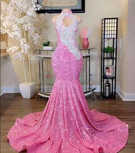 Prachtige roze lovertjes prom -jurken met Sier Applique Crystal kralen Mermaid High Neck avondjurk Partu jurken Afrikaanse meisjes Vestidos de Bal BC18269
