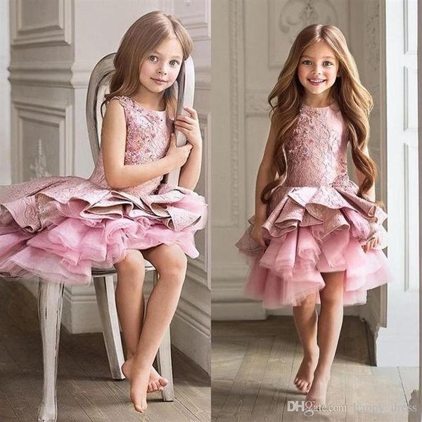 Precioso vestido rosa para niña de flores para boda, una línea hasta la rodilla, vestido de desfile de belleza, volantes de Navidad, fiesta de noche para niña G278Q