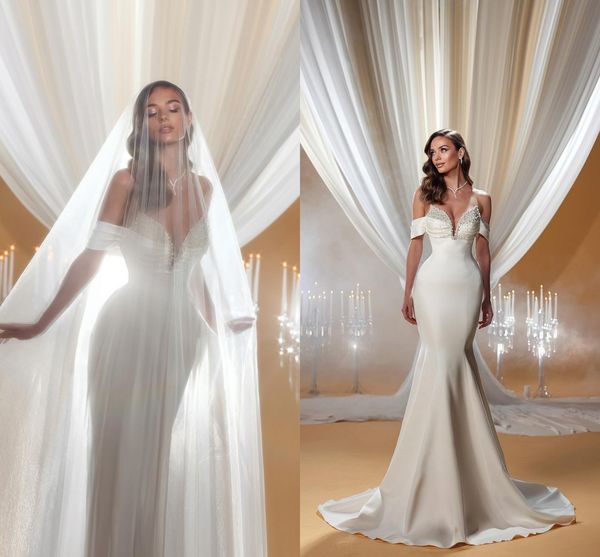 Magnifique taille des robes de mariée sirène de taille pour les femmes de mariée hors épaule perles perles backless satin Sweep Train Bridal Vestidos de Noiva