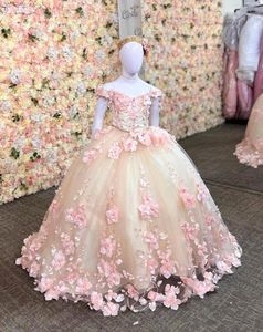 Off Shoulder Princess Mini Quinceanera -jurken voor meisjes 3d bloemen applique Little Princess Wedding Party Flower Girl Dress BC18710