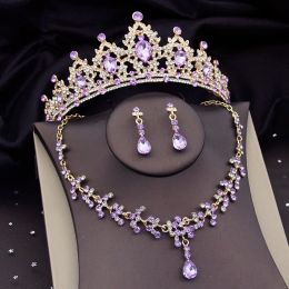 Prachtige paarse kristallen bruids sieraden sets voor vrouwen tiaras kroon bruid oorbellen ketting bruiloft sieraden set mode
