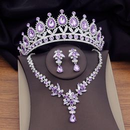 Prachtige paarse kristallen bruids sieradensets voor vrouwen tiaras oorbellen kettingen set bruiloft kroon sieraden set mode