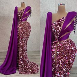 Prachtige paarse avondjurken zeemeermin een schouder pailletten beads prom jurk sexy high split robe de soiree