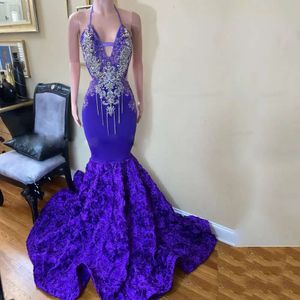 Magnifique robe de bal violet Prom Sexy licou appliques perles sirènes robes de soirée avec fleurs en cascade 0306