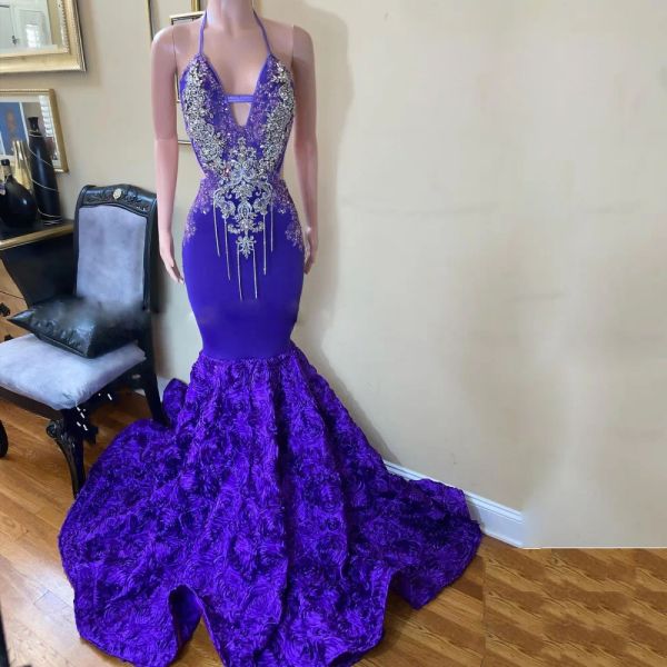 Magnifique robe de bal violette, Sexy, col licou, perles appliquées, sirène, robes de soirée avec fleurs en cascade