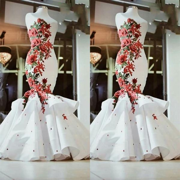 Magnifique rouge et blanc 3D fleurs florales robe de mariée sirène 2022 chérie satin perles ruché sud arabe pays Designer 294d