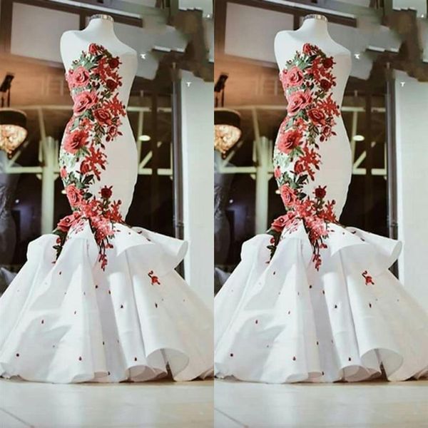 Magnifique rouge et blanc 3D fleurs florales robe de mariée sirène 2022 chérie satin perles ruché sud arabe pays Designer 203w