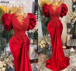 Dubaï arabe marocain rouge velours robes de soirée avec manches bouffantes pure cou dentelle perlée soirée robes de soirée trompette femmes deuxième réception robe Vestidos AL9795