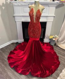 Preciosos vestidos de fiesta de terciopelo dorado rojo, Top transparente con cuentas brillantes, vestidos de Gala de fiesta de sirena para niña negra