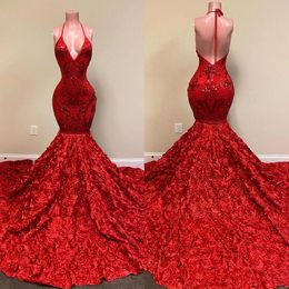 Magnifique robe de bal de sirène florale à licou rouge sans manches dos nu paillettes paillettes robes de fête d'anniversaire femmes robe de soirée de célébrité 2023