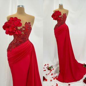 Gorgeous Red Mermaid Prom Dresses Flower Beading Crystal Vestidos de noche vestidos de noche Sexy Illusion Neck Party Dress