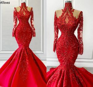 Superbes robes de bal de sirène rouge pour les femmes manches longues col haut dentelle appliques perlées occasion formelle robe de soirée réception de maternité robes de soirée CL1931