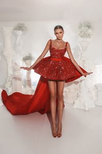 Magnifique robe de bal rouge, haute, basse, longue traîne, perles, cristal, grand nœud au dos, robes de soirée, dos nu