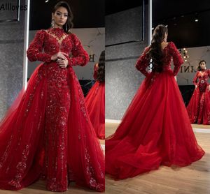 Magnifique rouge Arabie saoudite sirène robes de bal avec train détachable manches longues dentelle appliques soirée Pageant robes femmes deuxième réception robe formelle CL1438