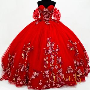 Magnifique rouge chérie appliques dentelle sur l'épaule robe de quinceanera 2024 robe de bal balayage train tulle princesse fête robe de bal