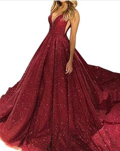 Gorgeous Rose Gold Sequined Prom Dresses 2019 Deep V-hals Sprankelende Sequin A-lijn Backless Prom Party Jurken Robe de Soiree Sweep Train