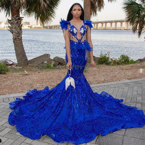 Magnífico vestido de fiesta de plumas azul real con diamantes de imitación 2024 Elegante sirena Vestidos de noche negros para niñas Lentejuelas Vestidos de cumpleaños de lujo Vestidos de Noche Robes De Soiree Chic