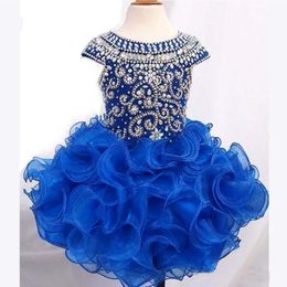 Prachtige Royal Blue Girls Pageant Dresses Ball Gown Beads Crystals Cupcake Ruffles Tutu Rok Korte Kid Formele feestjurken 2134