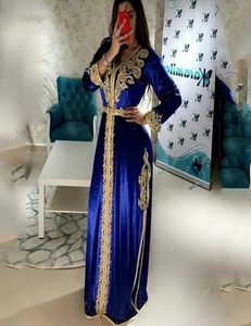 Prachtig Royal Blue Marokkaanse Kaftan Formele avondjurken Lange mouw Moslim feestjurk Gold Lace Dubai Speciale gelegenheid Dresses3322875