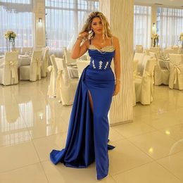 Superbe robe de soirée chérie à bretelles spaghetti bleu royal pour dames luxueuse fente latérale en queue de poisson décalque à paillettes robe de bal de cocktail