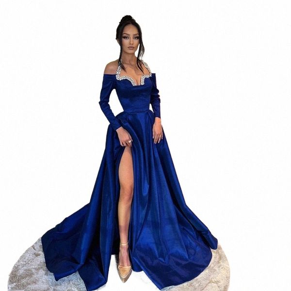 Gorgeous Royal Blue Women's Evening Dres A-Line Satin Sexy Side Split Princ Vestidos de fiesta Fi Celebrity Party Vestidos De k9Fm #