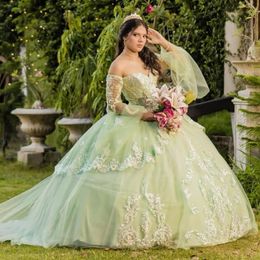 Prachtige saliegroene pailletten lieverd uit de schouder quinceanera jurk baljurk sweep trein applique tule prinses feest galajurk