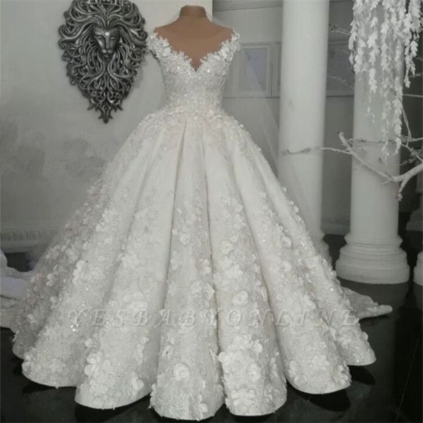 Magnifique Scoop Robe De Bal En Cristal Robes De Mariée Avec Des Fleurs À La Main Robe De Mariee Sheer Cou Longues Robes De Mariée