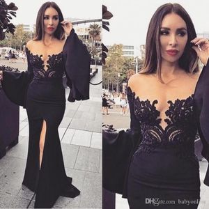 Prachtig sexy Arabisch zwarte front Split Mermaid Prom Dresses lange dichter mouw illusie kanten applique formele jurk avondjurken
