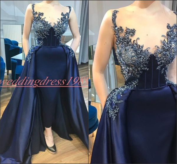 Magníficos vestidos de noche con cuentas de tubo 2019 Satén africano Azul marino Vestidos de fiesta de novia Vestido de noche Vestido de fiesta formal del desfile