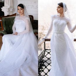 Hermosos lentejuelas de la vaina para vestidos de novia de mangas largas vestidos de novia con tren desmontable vestido de novia saudita