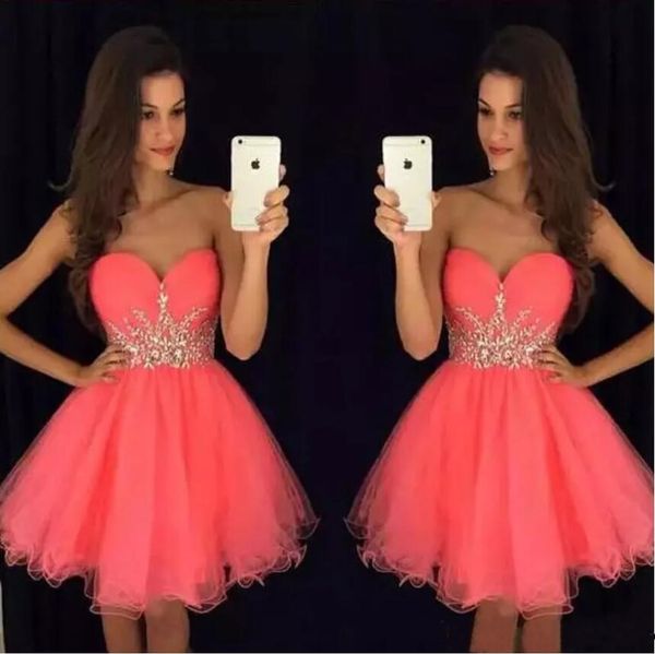 Superbes robes de soirée courtes corail robe de soirée en tulle rose chérie cristaux sans manches pas cher personnalisé robe de bal de graduation