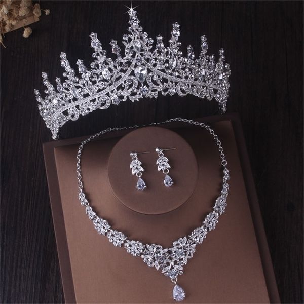 Precioso color plateado cristal conjuntos de joyería nupcial moda tiaras corona pendientes gargantilla collar mujeres vestido de novia conjunto 220812