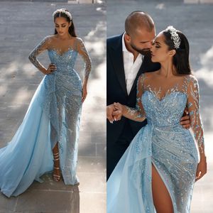 Superbes robes de bal sirène bleu ciel fendues manches longues robes de soirée appliques en dentelle perles Illusion robe de soirée sur mesure