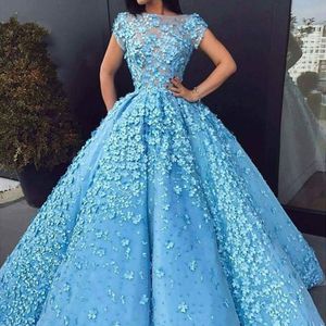 Prachtige Sky Blue Prom Dresses met 3D-bloemen 2020 bateau hals kralen formele avondjurken korte mouwen vestidos longo
