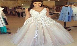 Precioso Vestido De novia sin mangas con cuello en V, Apliques De encaje, tul en línea, fajín con cuentas, Vestido champán claro De Noiva2852057