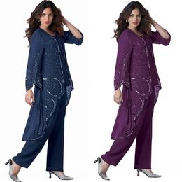 magnifique trois pièces violet mère de la mariée pantalon costumes grande taille marié mère soirée manches longues en mousseline de soie pailletée formelle dre3390