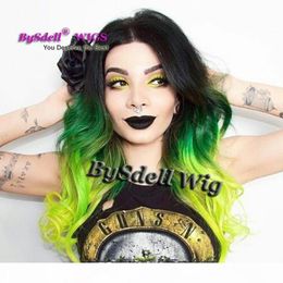 Magnifique trois tons noirs ombre vert néon vert couleur coiffure wig synthétique 360 ​​en dentelle frontale perruques de cheveux colorés perruques pour fashi3460863
