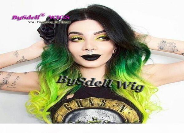 Magnifique trois tons noir Ombre vert néon vert couleur perruque de cheveux synthétique 360 dentelle frontale perruques beauté perruques de cheveux colorés pour Fashi4258858