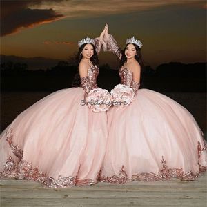 Magnifiques robes de Quinceanera roses jumelles 2024 chérie paillettes robes de 15 Quinceanera Anos XV Sparkle seize robes de fête d'anniversaire robe de concours avec manche
