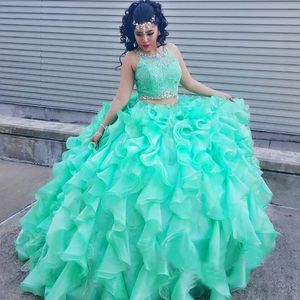 Precioso vestido de quinceañera de dos piezas Beade Joya Escote Encaje Sin mangas Bonitos vestidos de fiesta de noche Moda Puffy Vestido de desfile Vestido de fiesta