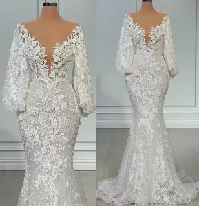 Magnifique mariage 2022 robes sirène robe nuptiale manches poète longs paliers en dentelle transpliquée arabe fabriqué sur la taille plus vestido de novia 403