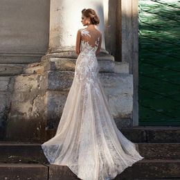 Robes de mariée magnifiques 2024 mancherons avec cristal transparent appliqué dentelle perlée ceinture balayage train robes de mariée perlées robes de novia