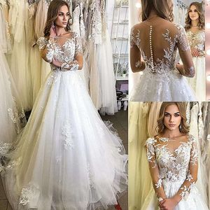 Superbes robes de mariée robe de bal nuptiale manches longues en dentelle applique Sweep Train de fête sur mesure plus taille Vestido de Novia 401 S S