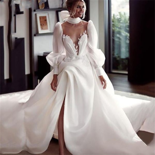 Superbe robe de mariée longue princesse blanche ivoire robes de mariée une ligne pure col haut bouffée manches longues robe de mariée en dentelle fendue Cu2832