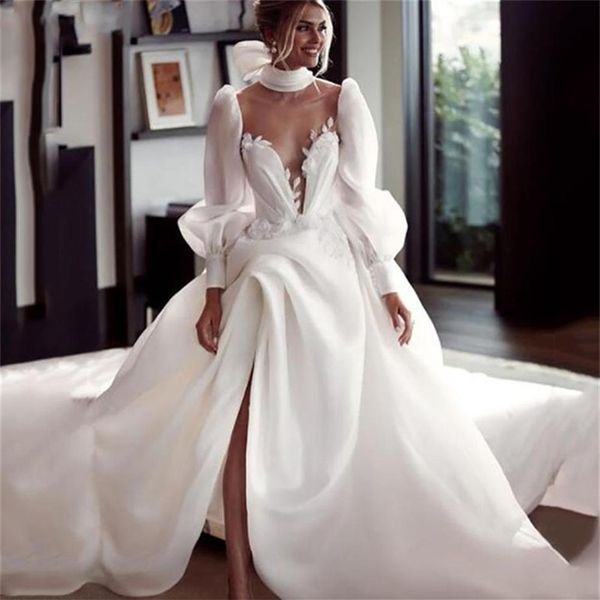 Magnifique Blanc Ivoire Princesse Longues Robes De Mariée Robes De Mariée Une Ligne Sheer Col Haut Puff Manches Complètes Split Dentelle Robe De Mariée Cu218j