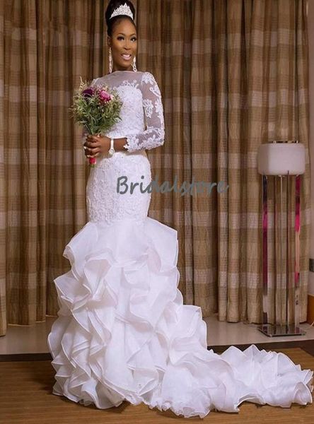 Magnifiques robes de mariée sirène blanches avec volants en organza bas à plusieurs niveaux à manches longues en dentelle jardin robe de mariée africaine grande taille 3945727