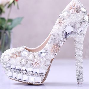 Prachtige Witte Parel en Strass Bruiloft Bruidsschoenen Kristal Hoge Hak Schoenen Assepoester Ball Pumps Big Size Wit en Ivoor Co184V